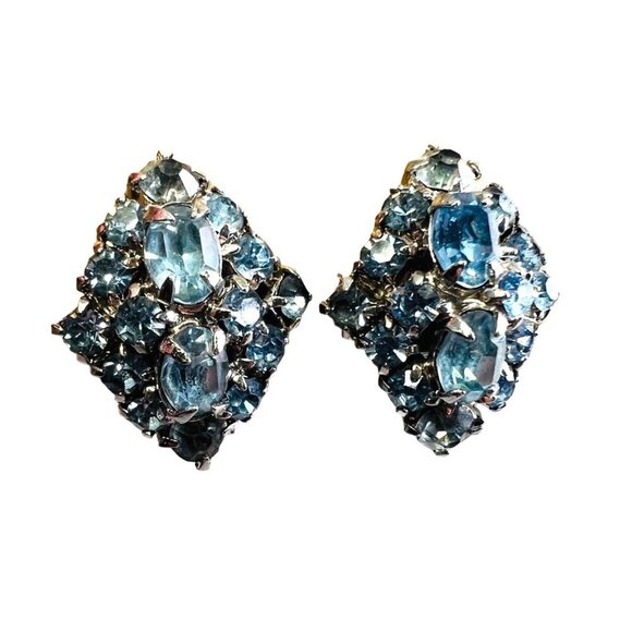 Vintage Blue Rhinestone Clip-On Earrings - Picture 1 of 5